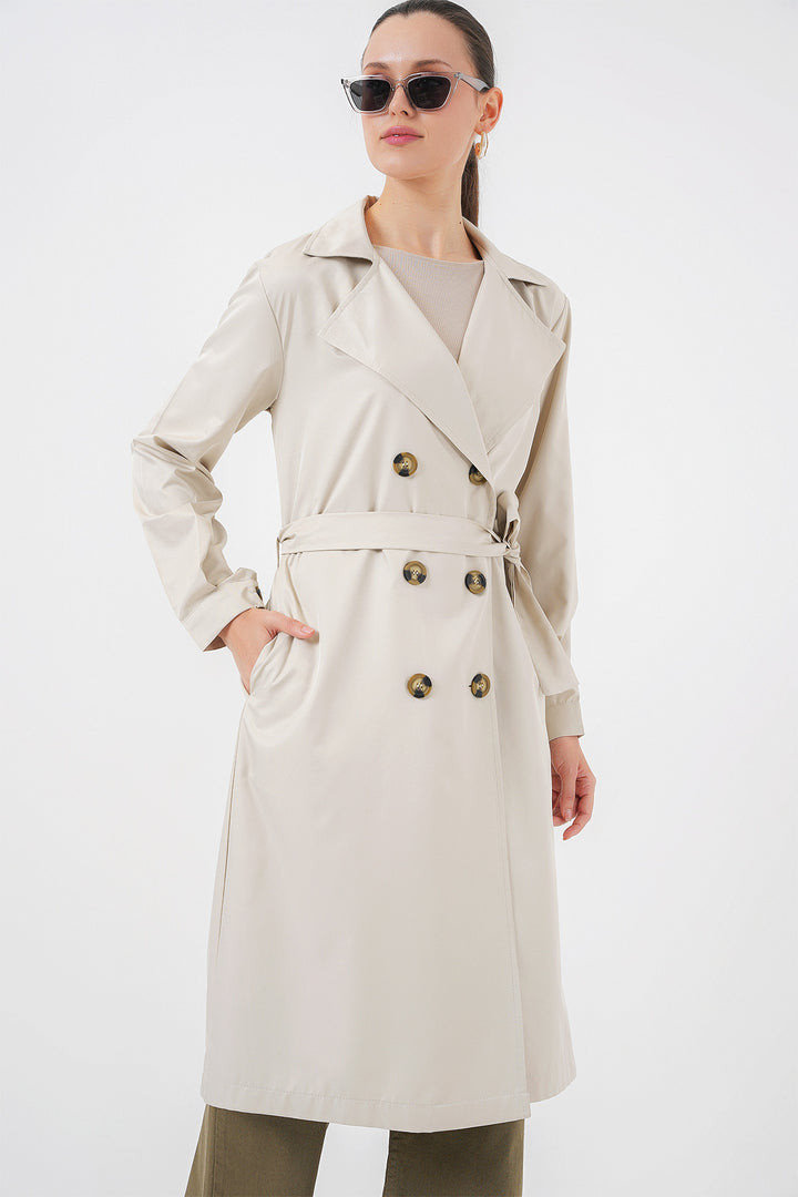 BGD Women Double Breasted Trench Coat with Back Print - Light Beige - Kamianske
