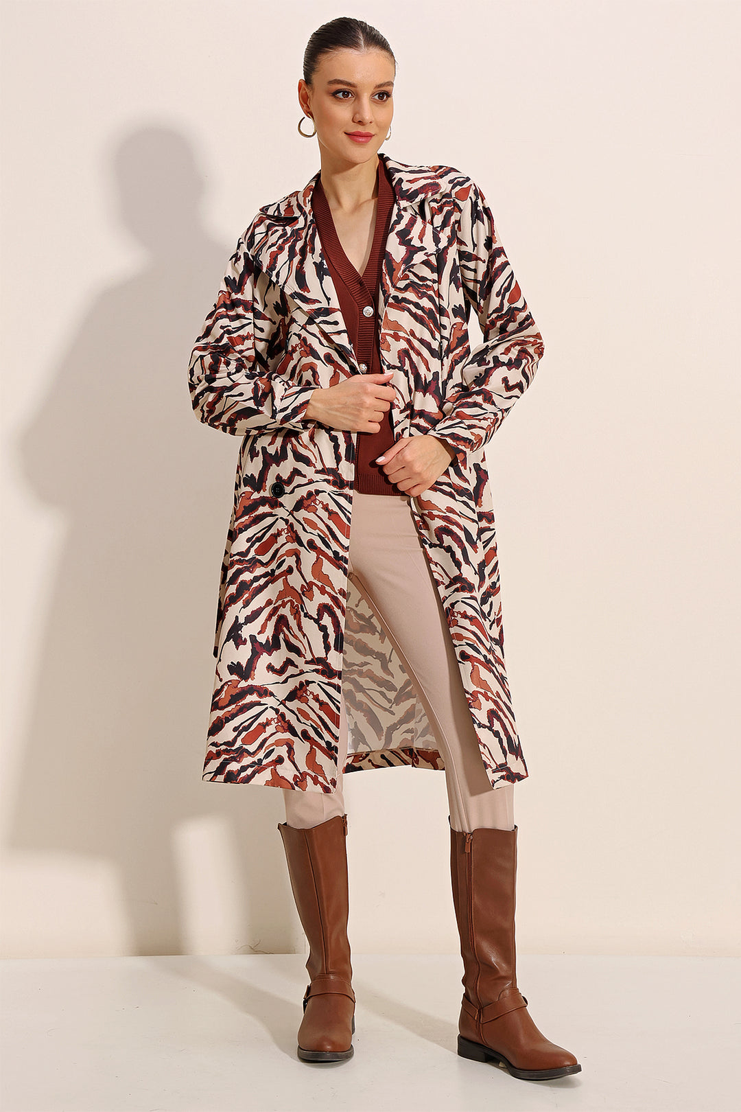 BGD Women Patterned Double Breasted Trench Coat - C. Beige - Avondale