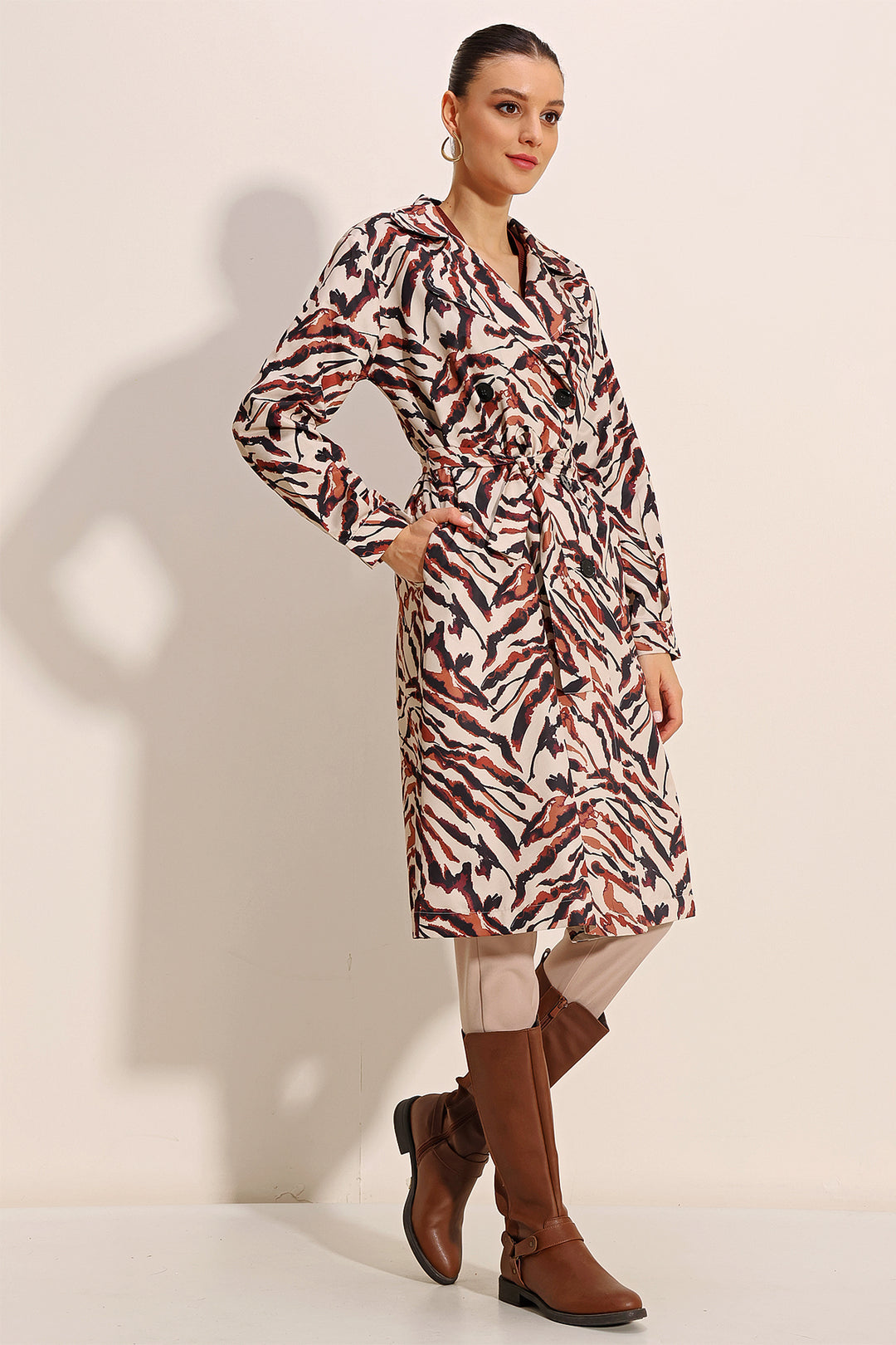 BGD Women Patterned Double Breasted Trench Coat - C. Beige - Avondale