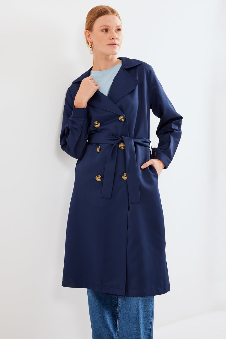 BGD Women Double-Breasted Trench Coat - Navy Blue - Avondale