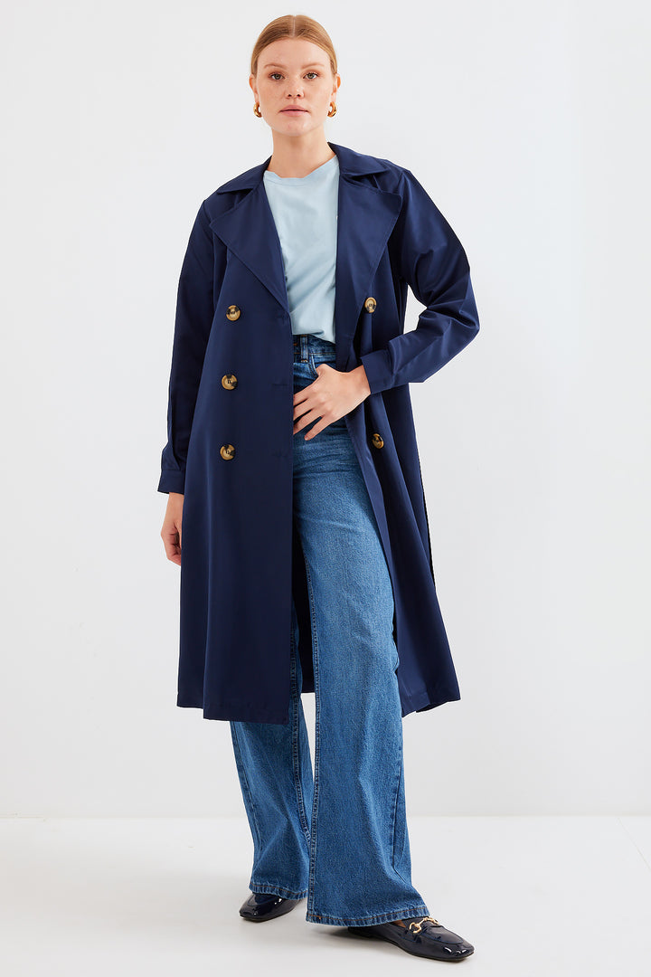 BGD Women Double-Breasted Trench Coat - Navy Blue - Avondale
