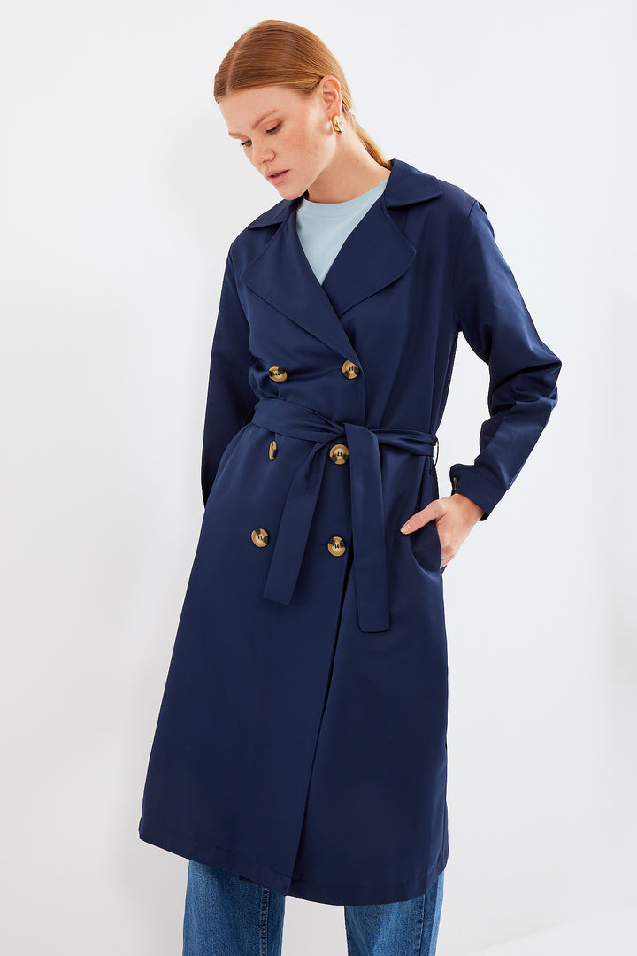 BGD Women Double-Breasted Trench Coat - Navy Blue - Avondale