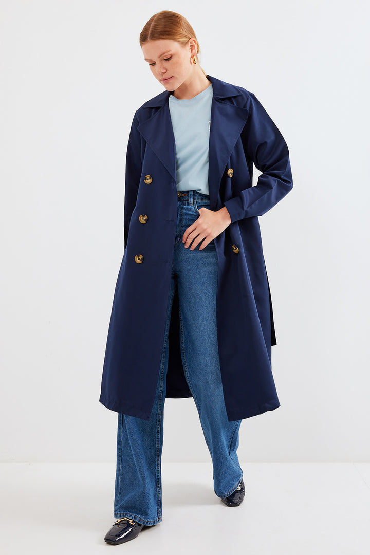 BGD Women Double-Breasted Trench Coat - Navy Blue - Avondale