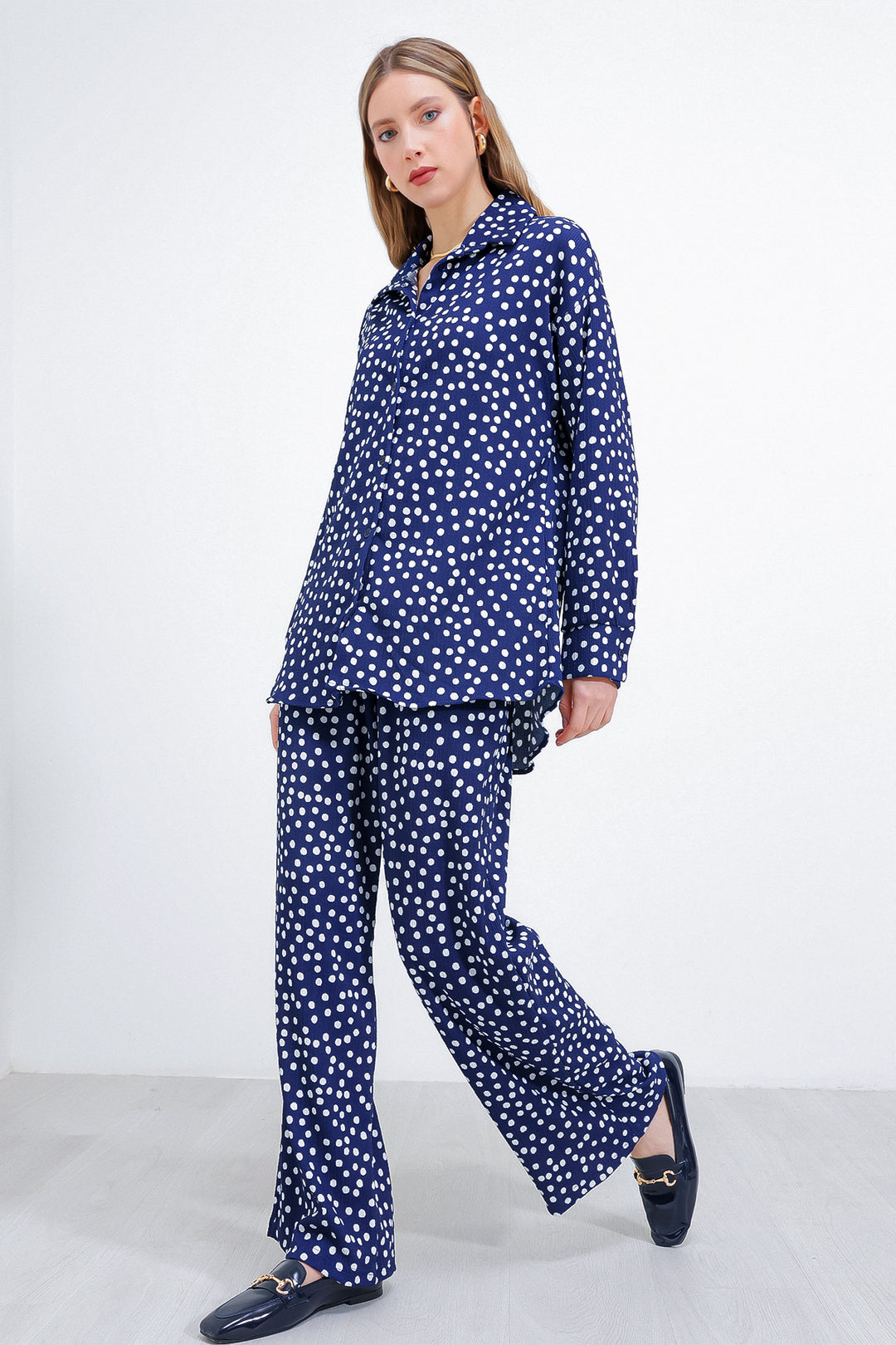 BGD Women Woman Polka Dot Navy Ecru Knitted Two Piece Set 5858 - Avondale