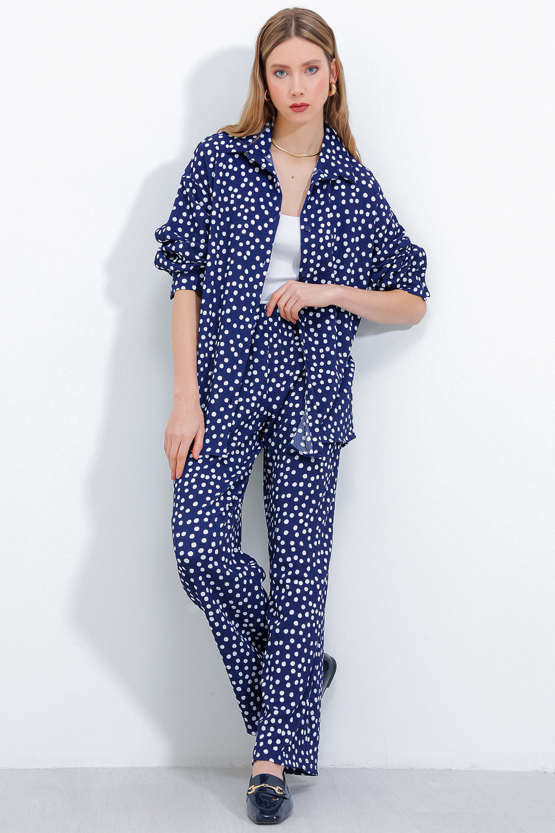 BGD Women Woman Polka Dot Navy Ecru Knitted Two Piece Set 5858 - Avondale