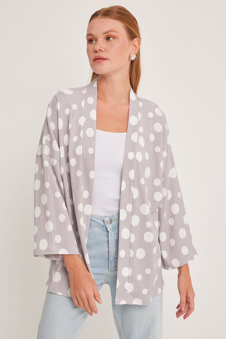 BGD Women Woman Gray White Polka Dot Knitted Kimono 5862 - Avondale