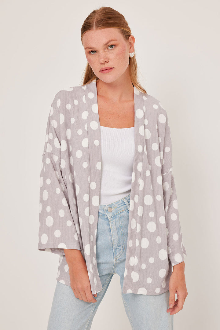 BGD Women Woman Gray White Polka Dot Knitted Kimono 5862 - Avondale