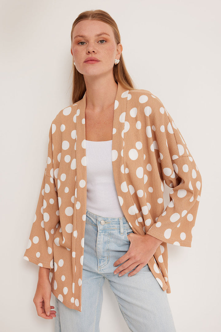 BGD Women Woman Beige White Polka Dot Knitted Kimono 5862 - Avondale