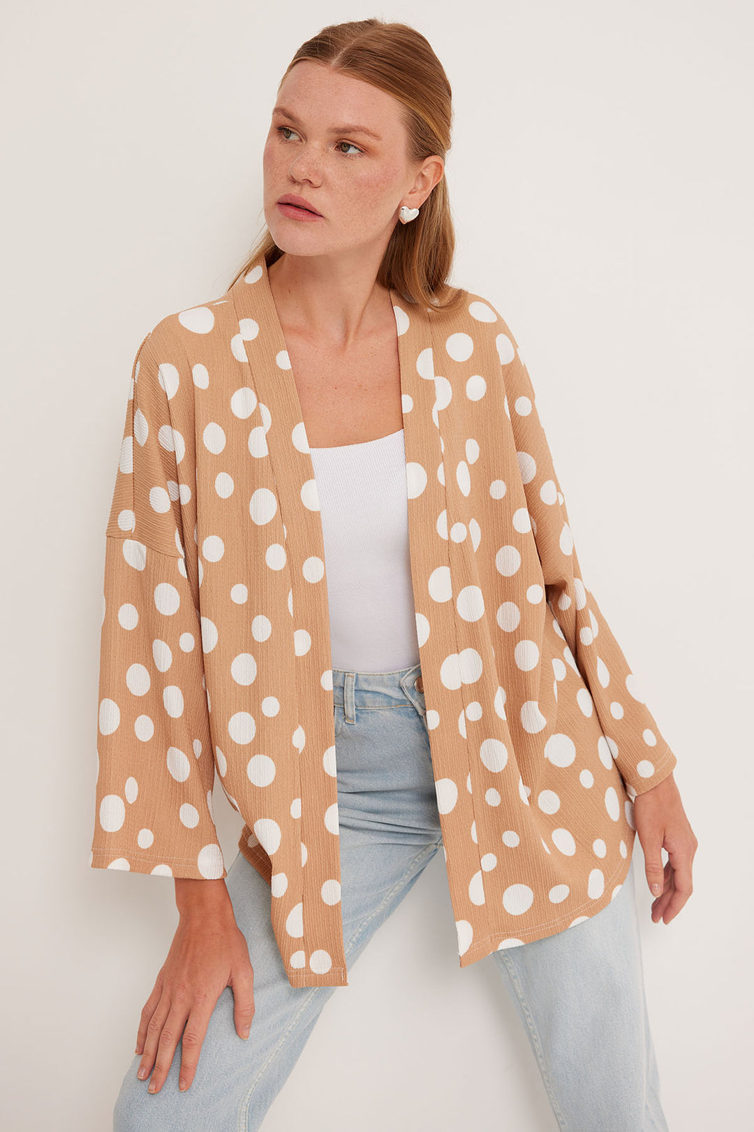 BGD Women Woman Beige White Polka Dot Knitted Kimono 5862 - Avondale