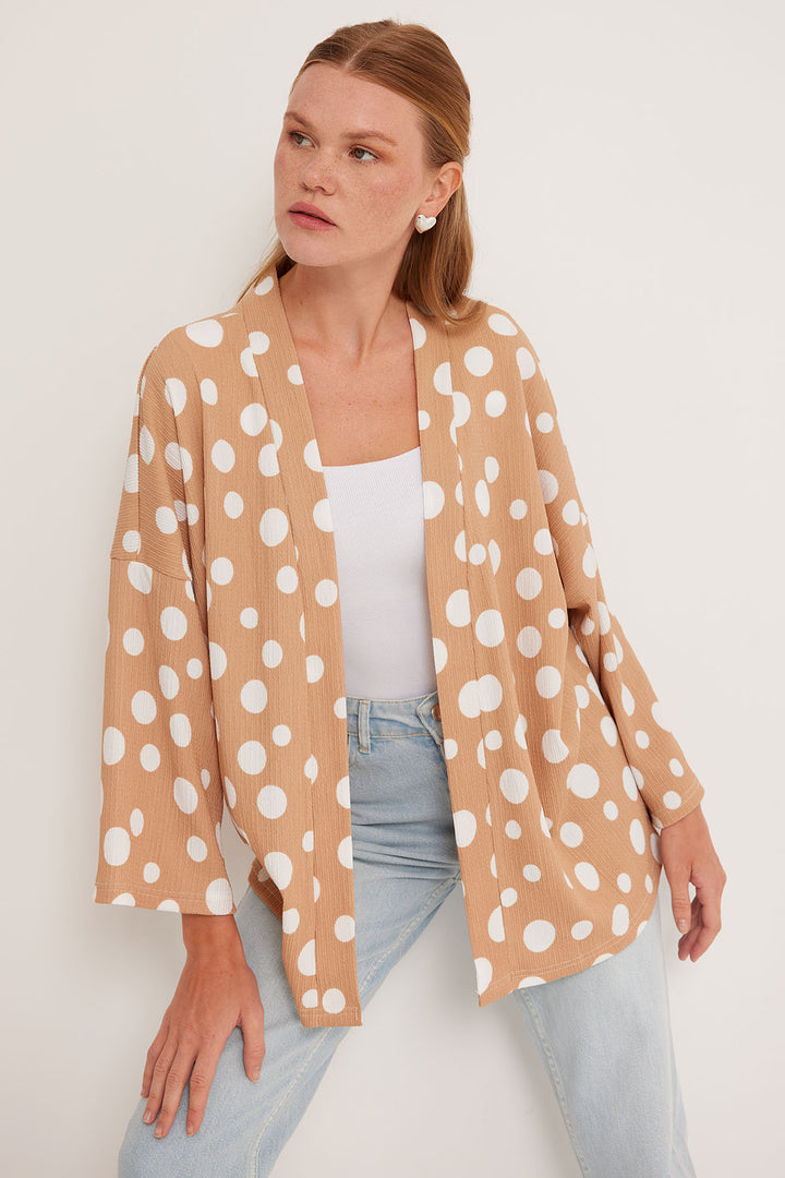 BGD Women Woman Beige White Polka Dot Knitted Kimono 5862 - Avondale