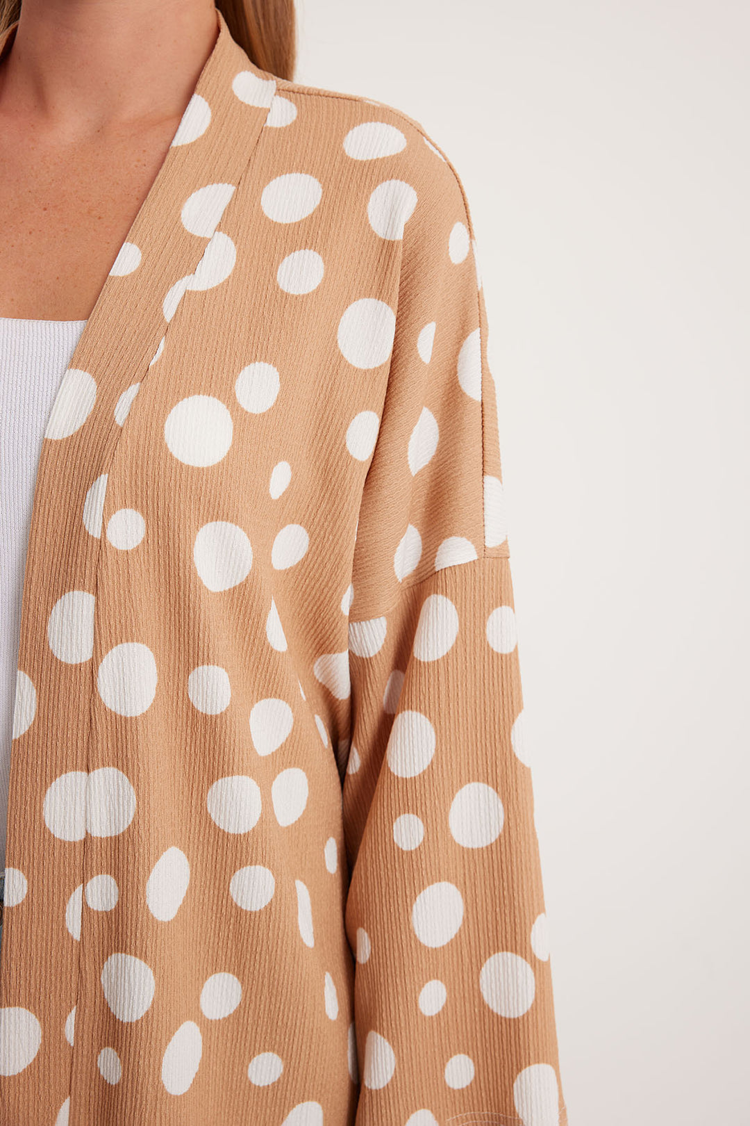 BGD Women Woman Beige White Polka Dot Knitted Kimono 5862 - Avondale