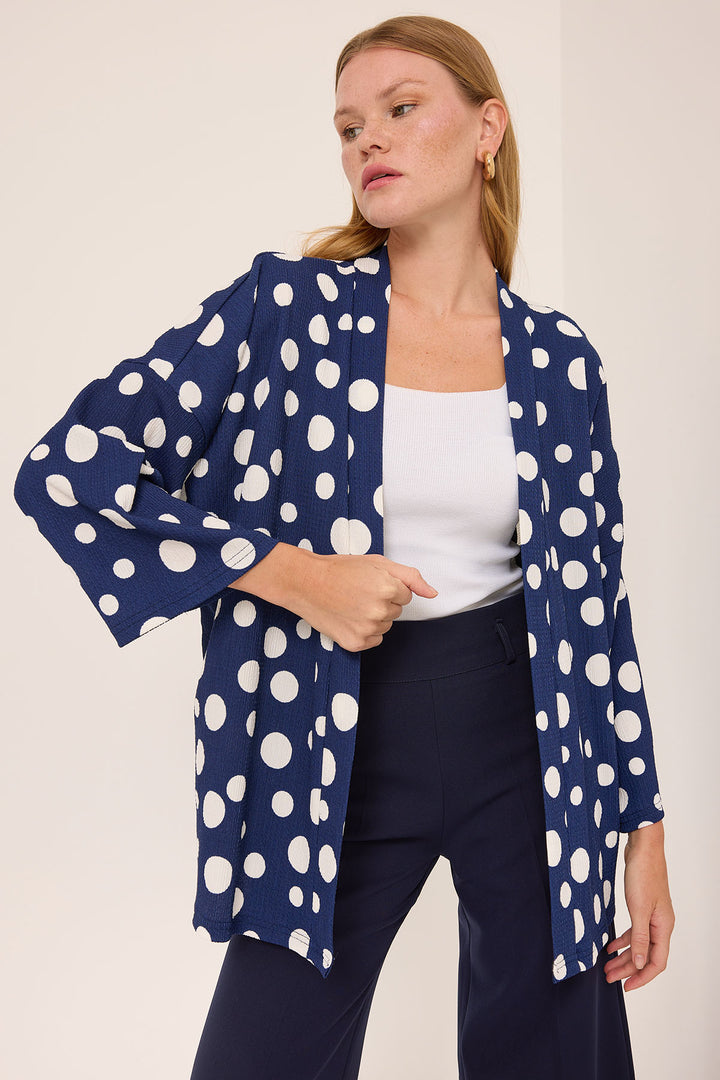 BGD Women Woman Navy Blue White Polka Dot Knitted Kimono 5862 - Zwolle