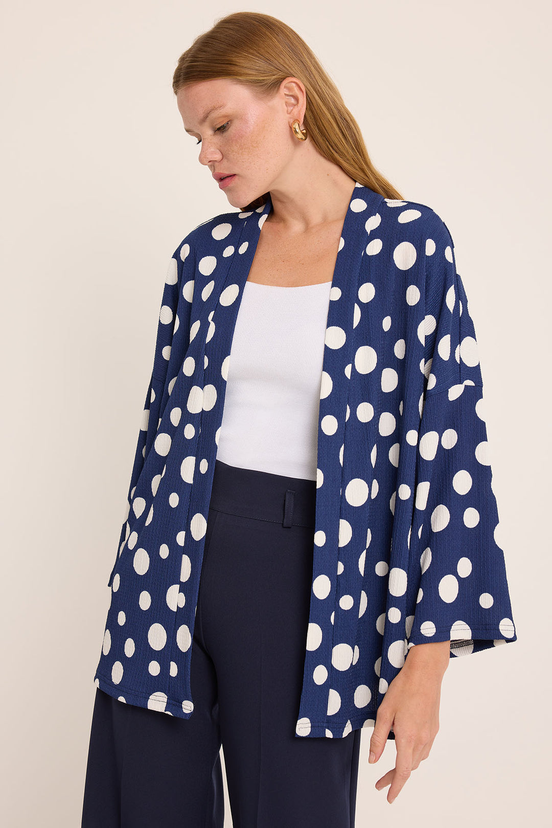 BGD Women Woman Navy Blue White Polka Dot Knitted Kimono 5862 - Zwolle