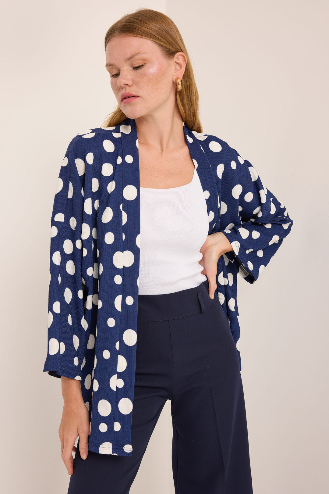 BGD Women Woman Navy Blue White Polka Dot Knitted Kimono 5862 - Zwolle