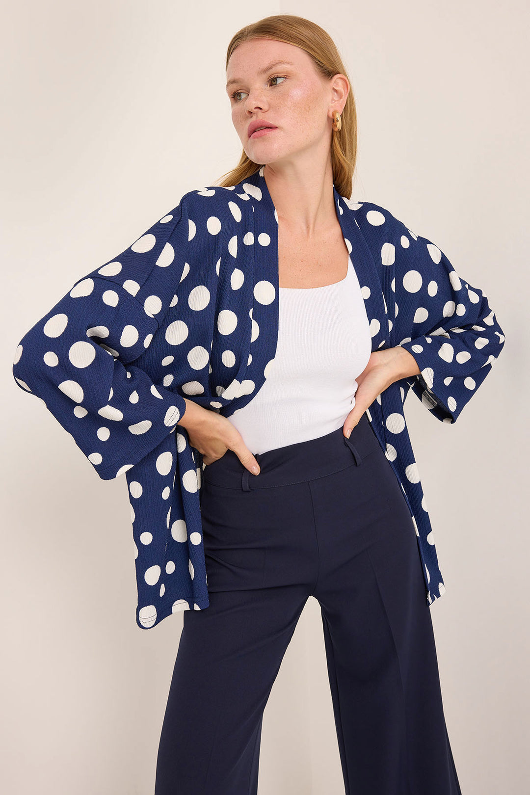 BGD Women Woman Navy Blue White Polka Dot Knitted Kimono 5862 - Zwolle