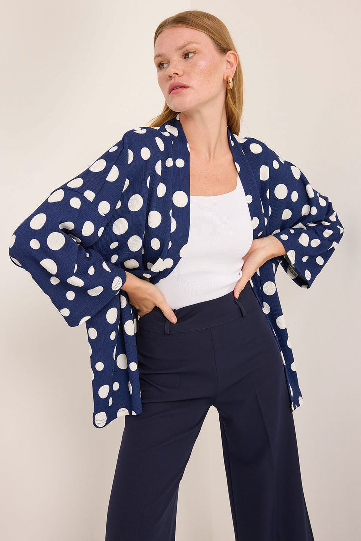BGD Women Woman Navy Blue White Polka Dot Knitted Kimono 5862 - Zwolle