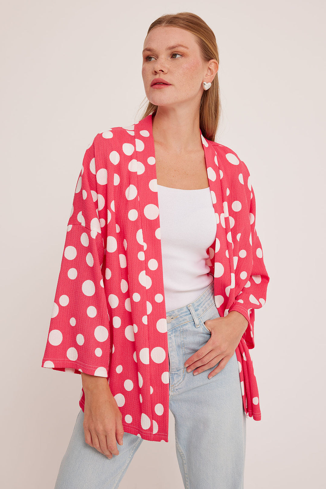 BGD Women Woman Pomegranate White Polka Dot Knitted Kimono 5862 - Avondale