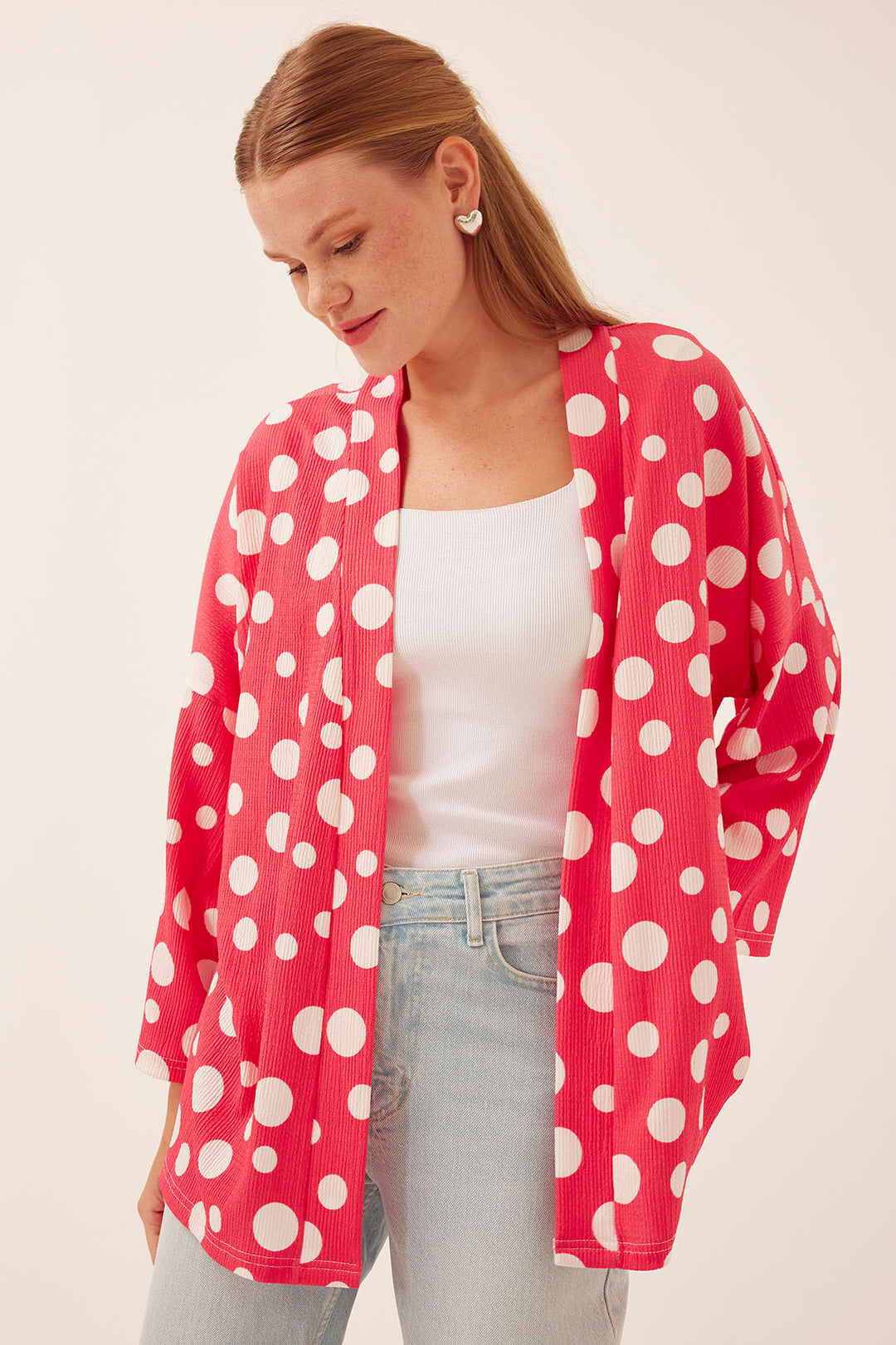 BGD Women Woman Pomegranate White Polka Dot Knitted Kimono 5862 - Avondale