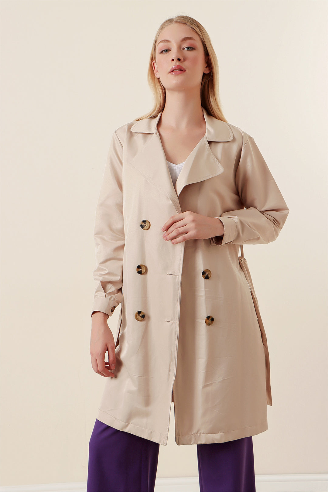 BGD Women Double Breasted Short Trench Coat - Beige - Southaven