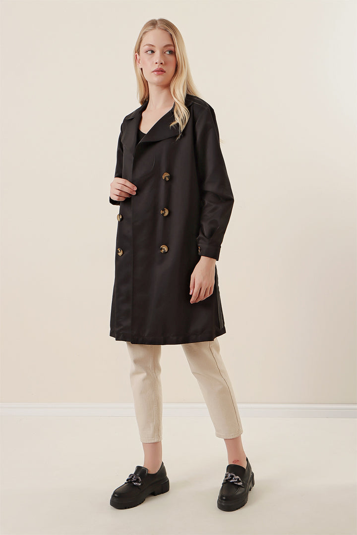 BGD Women Double Breasted Short Trench Coat - Black - Alcira