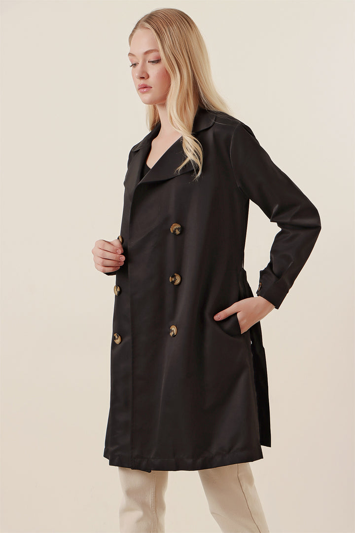 BGD Women Double Breasted Short Trench Coat - Black - Alcira