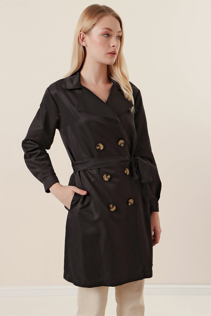 BGD Women Double Breasted Short Trench Coat - Black - Alcira