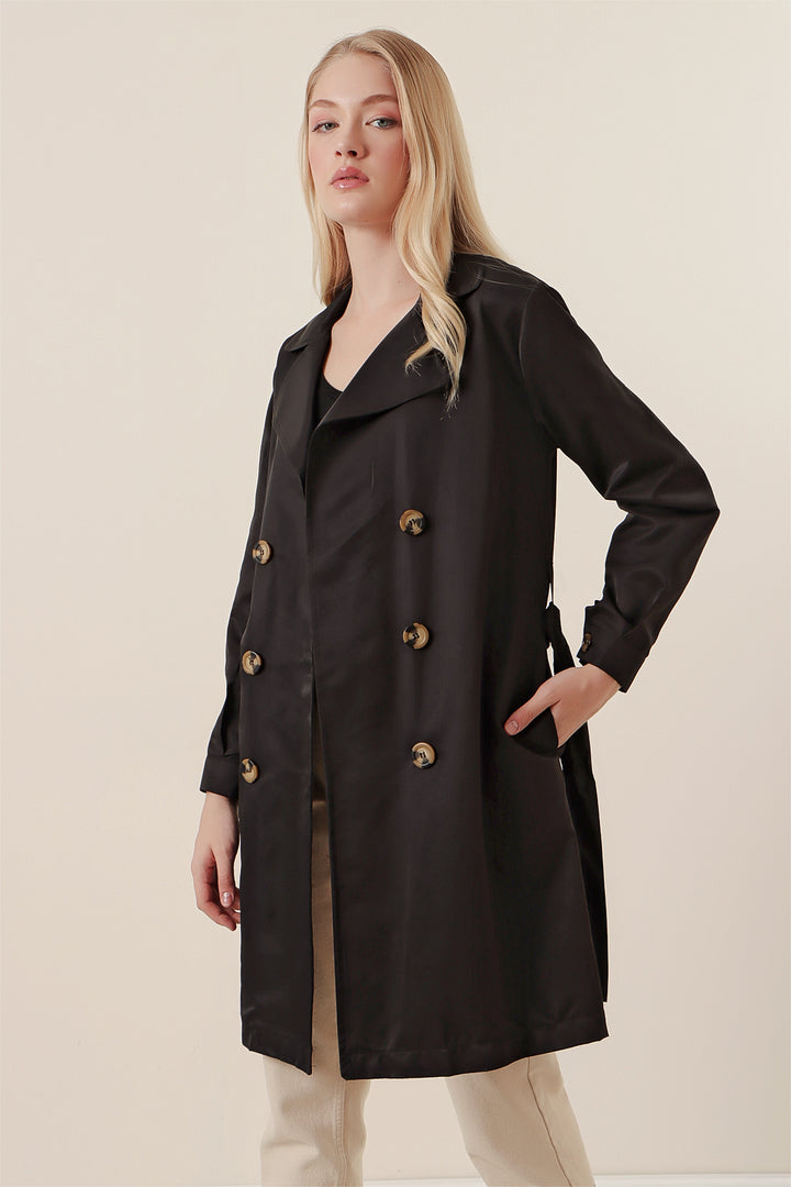 BGD Women Double Breasted Short Trench Coat - Black - Alcira