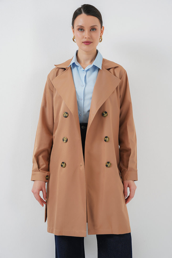 BGD Women Double Breasted Short Trench Coat - Tan - Bellinzona