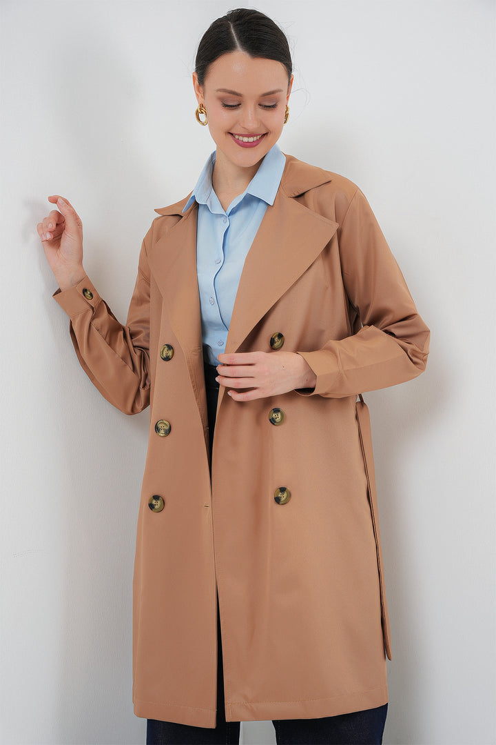 BGD Women Double Breasted Short Trench Coat - Tan - Bellinzona