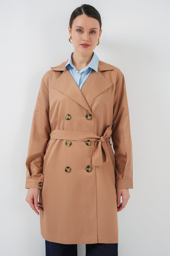 BGD Women Double Breasted Short Trench Coat - Tan - Bellinzona