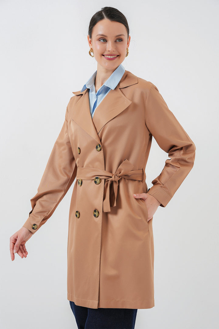 BGD Women Double Breasted Short Trench Coat - Tan - Bellinzona