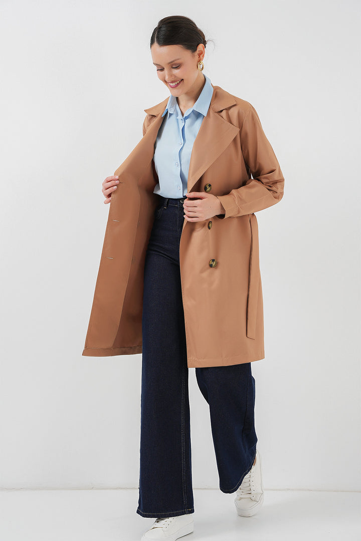 BGD Women Double Breasted Short Trench Coat - Tan - Bellinzona