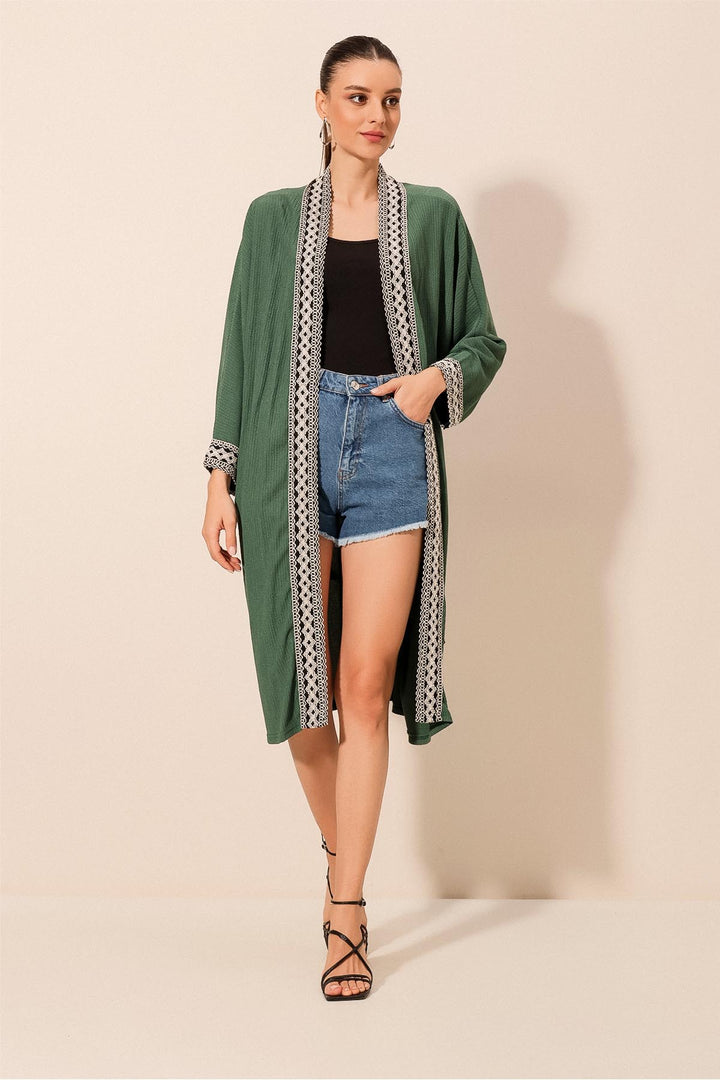 BGD Women Embroidered Knitted Long Kimono - Emerald Green - Harrogate