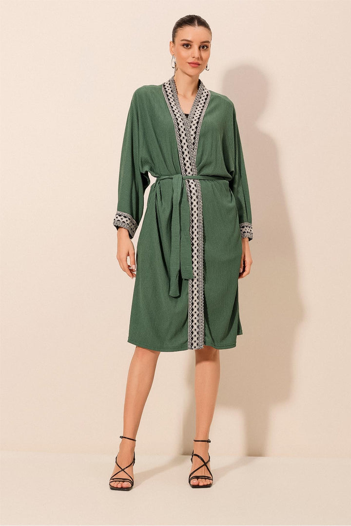 BGD Women Embroidered Knitted Long Kimono - Emerald Green - Harrogate
