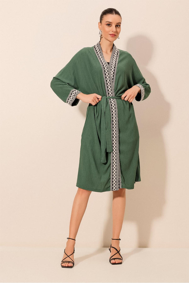 BGD Women Embroidered Knitted Long Kimono - Emerald Green - Harrogate