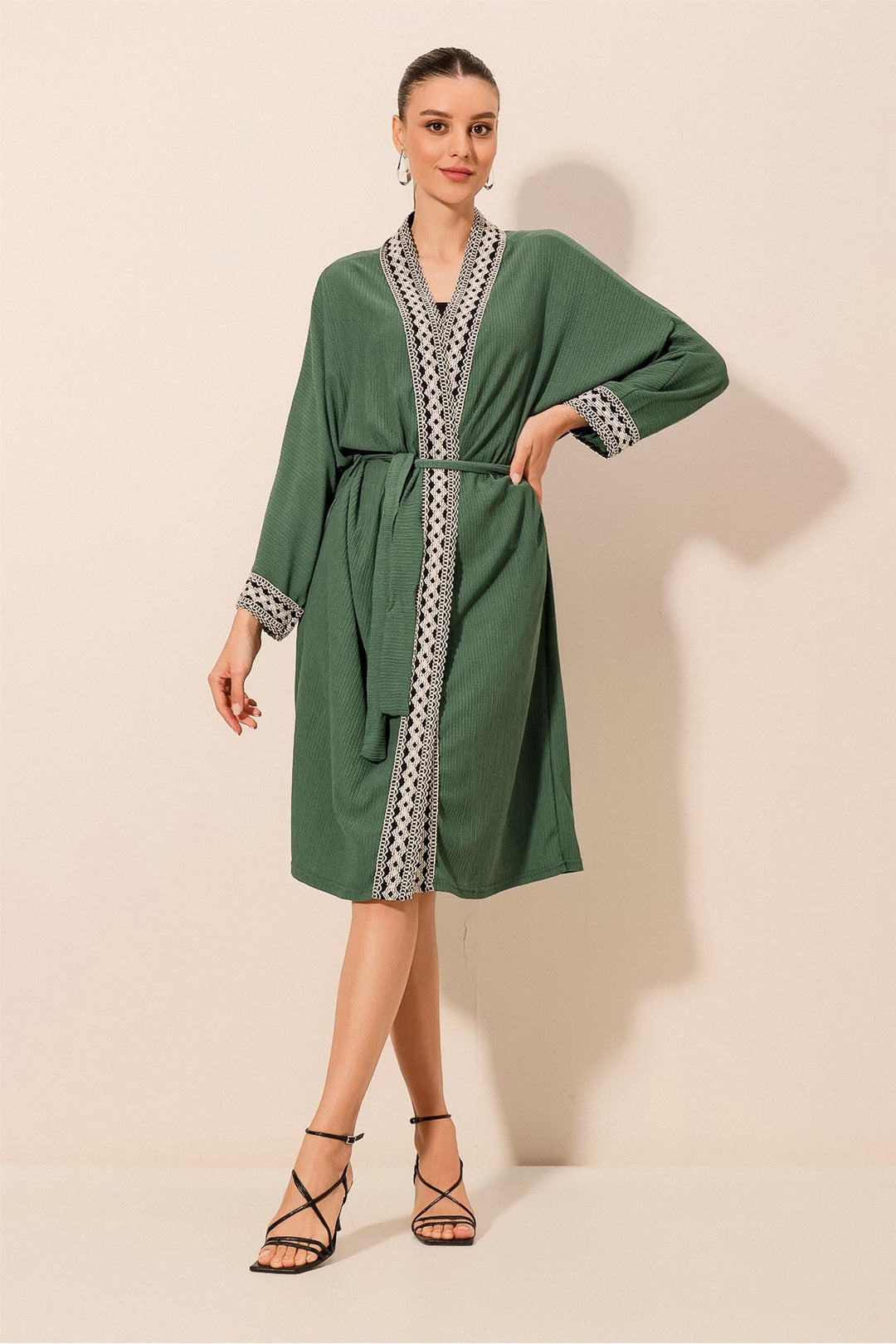 BGD Women Embroidered Knitted Long Kimono - Emerald Green - Harrogate