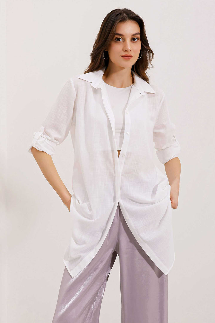 BGD Women Long Linen Shirt - White - Latina
