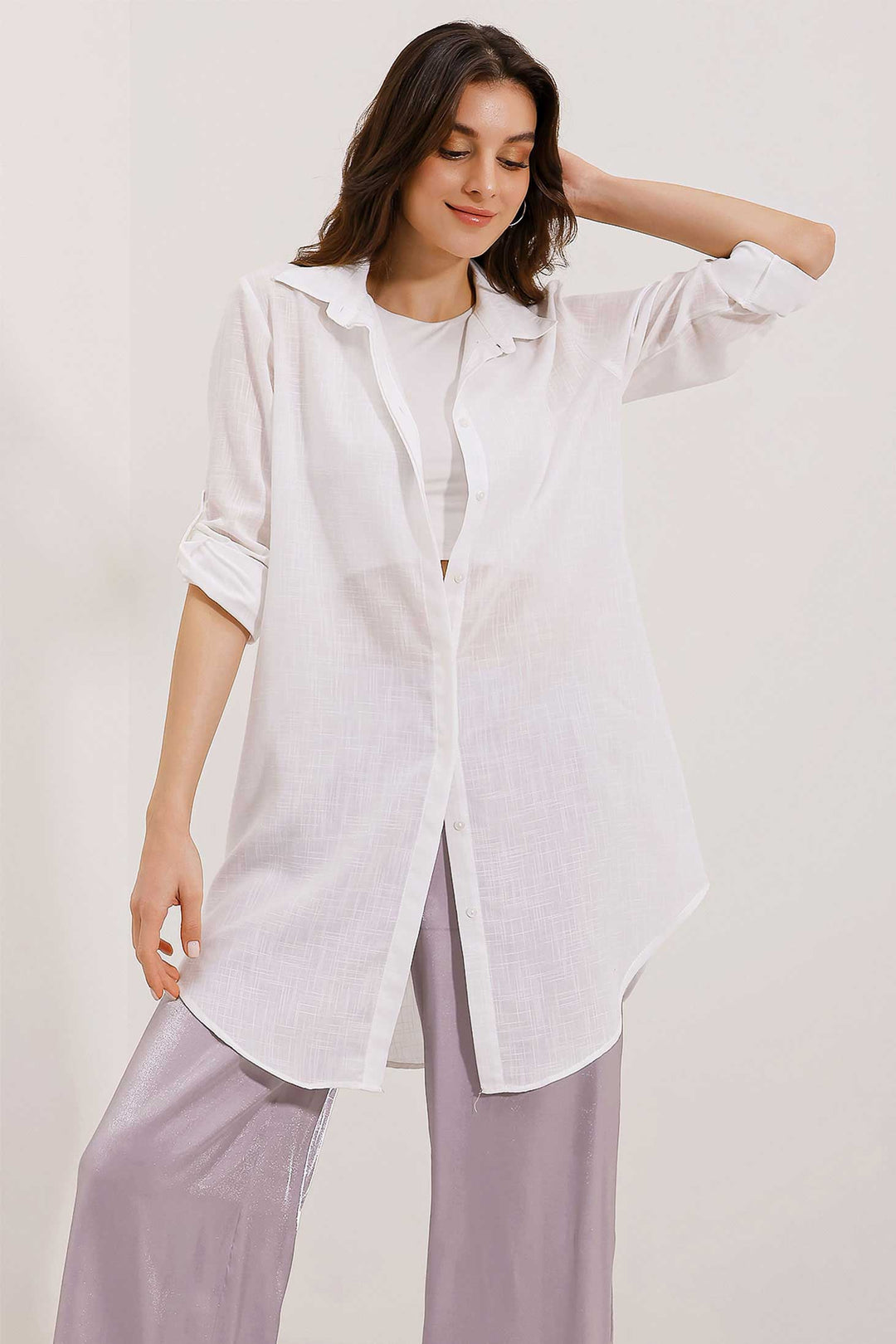 BGD Women Long Linen Shirt - White - Latina