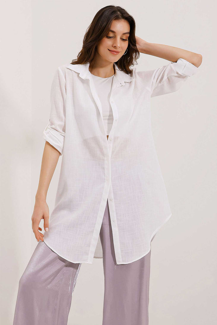 BGD Women Long Linen Shirt - White - Latina