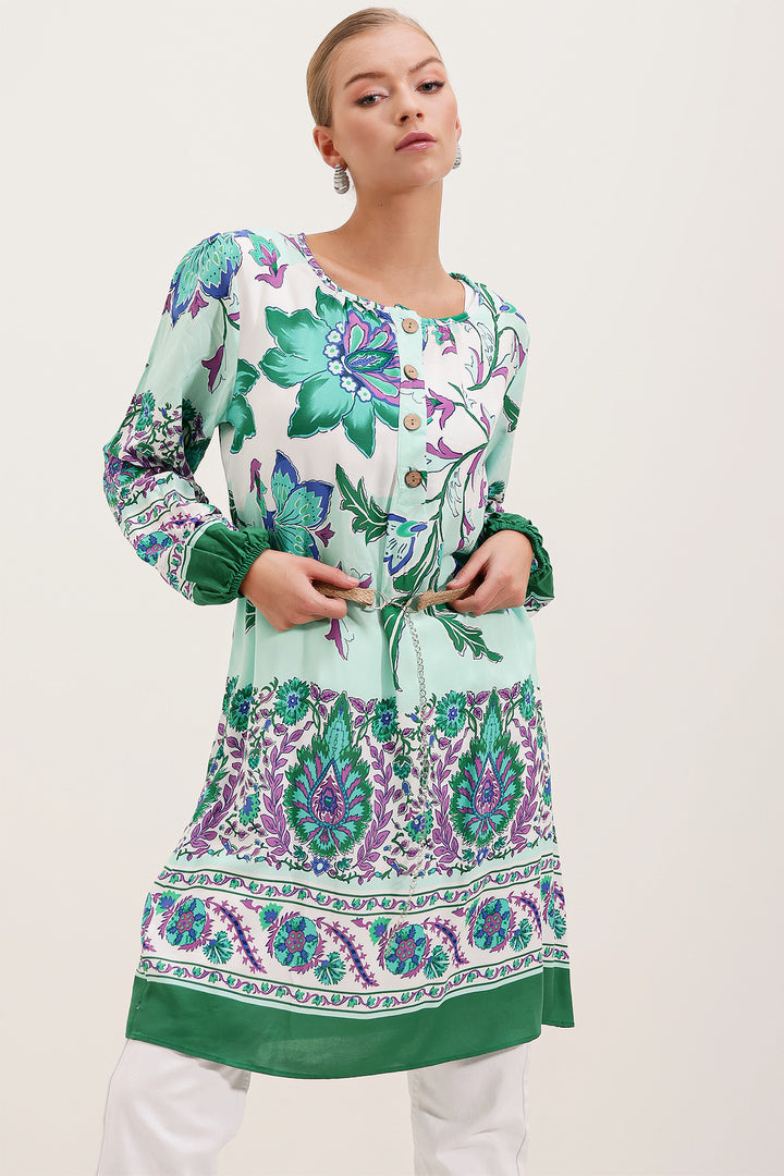 BGD Women Belted Patterned Dress - Green - Avondale