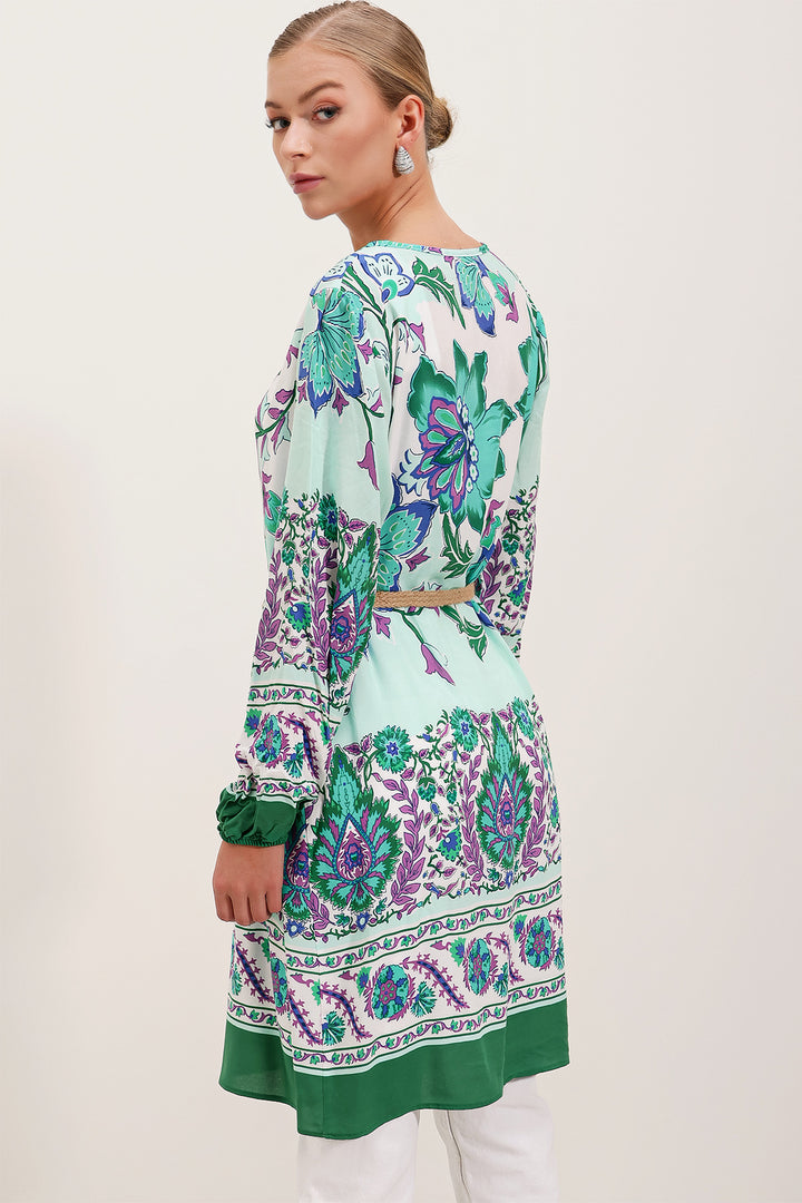 BGD Women Belted Patterned Dress - Green - Avondale