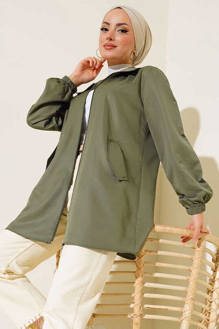 BGD Women Short Trench Coat with Pocket Flaps - Khaki - Derby