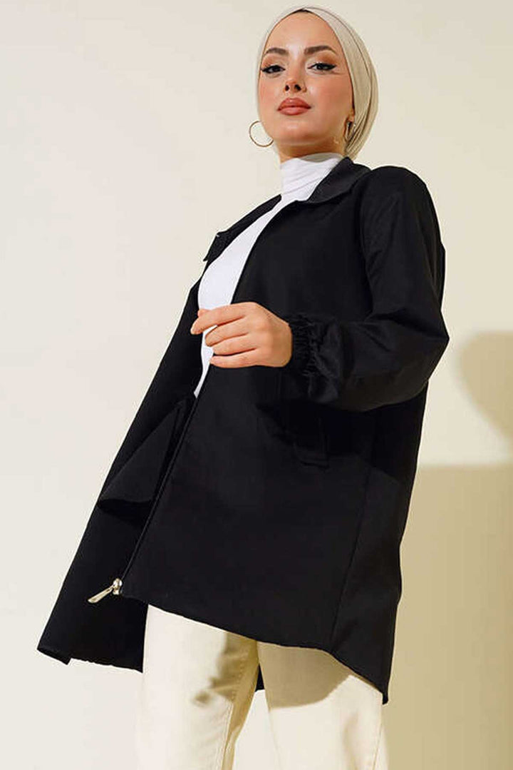 BGD Women Short Trench Coat with Pocket Flaps - Black - Tours