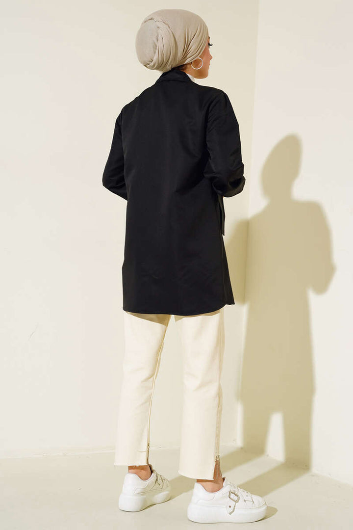 BGD Women Short Trench Coat with Pocket Flaps - Black - Lyon