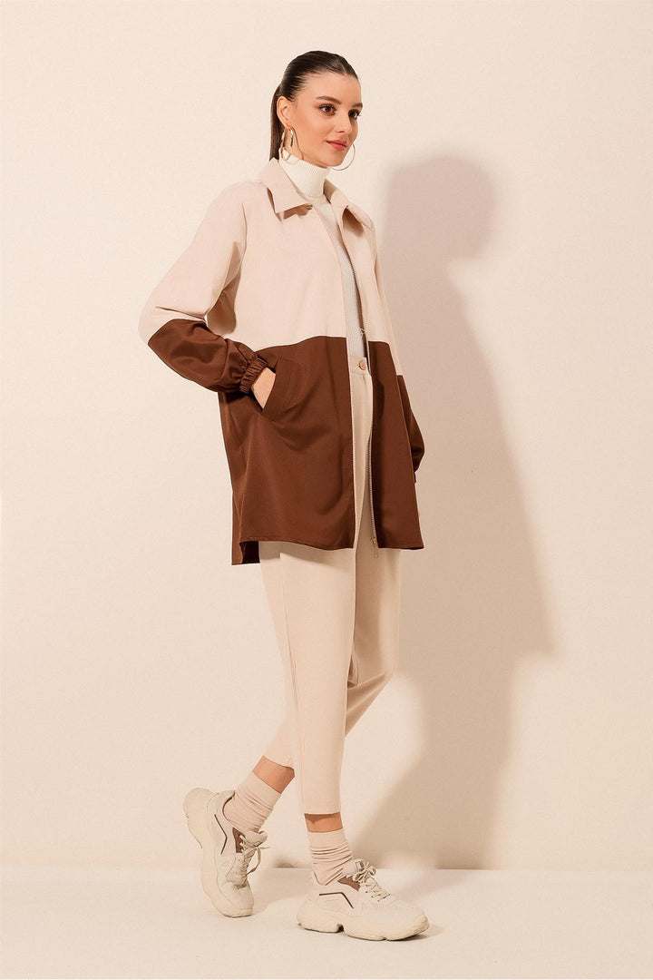 BGD Women Two-Tone Seasonal Trench Coat - Brown - Tezoyuca