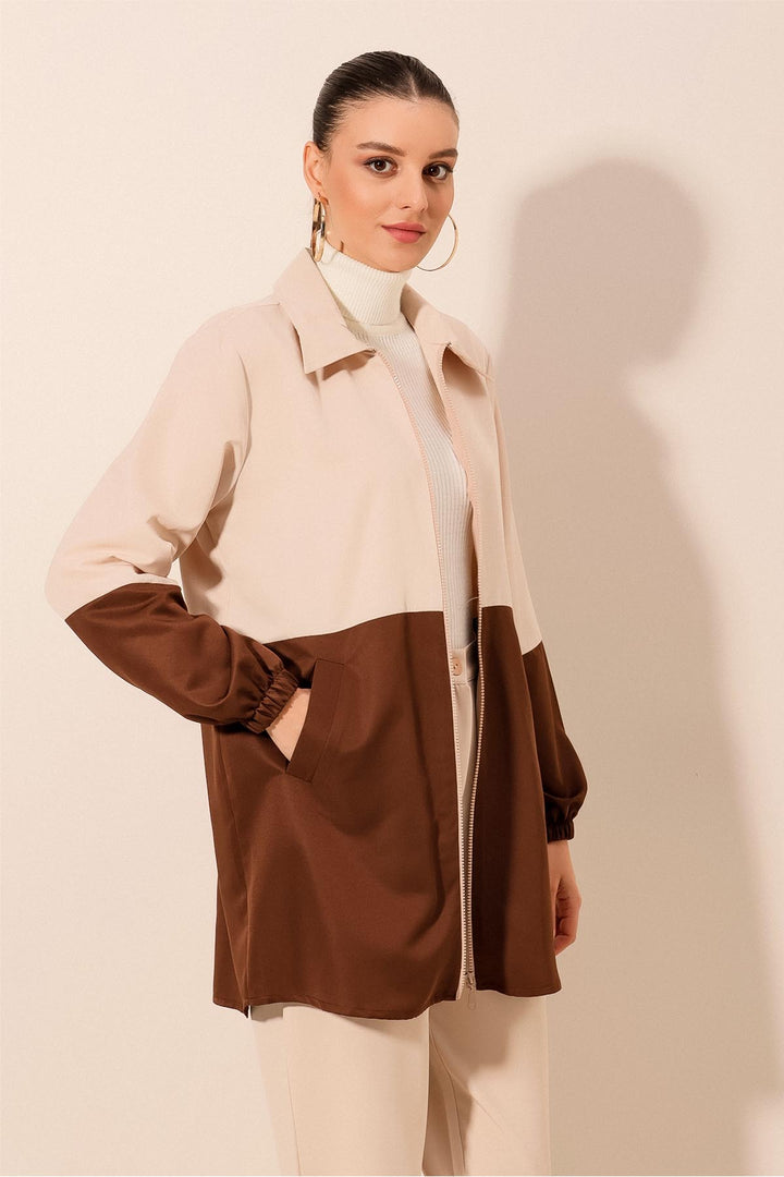 BGD Women Two-Tone Seasonal Trench Coat - Brown - Tezoyuca