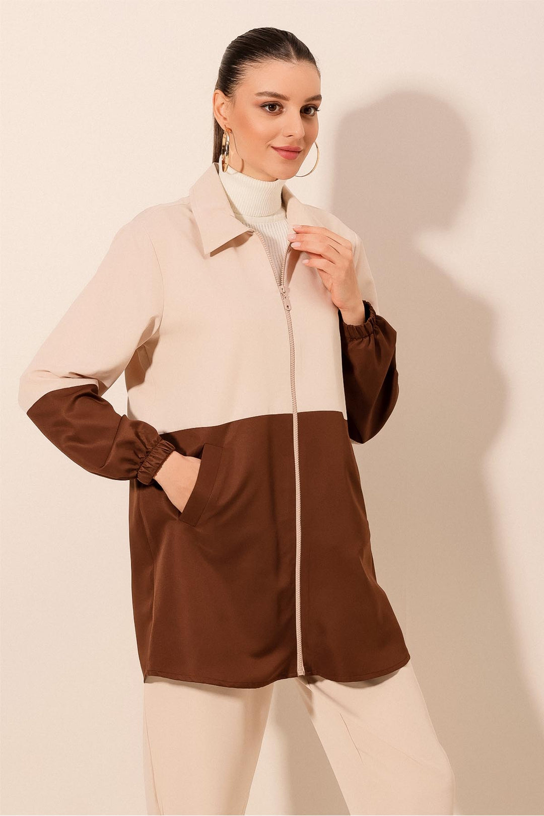 BGD Women Two-Tone Seasonal Trench Coat - Brown - Tezoyuca