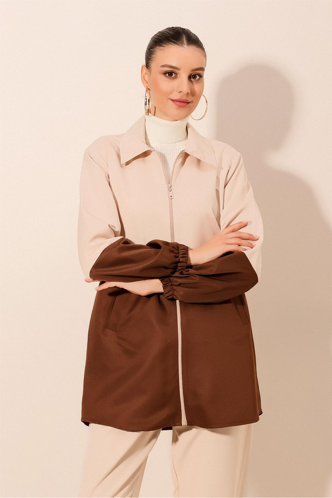 BGD Women Two-Tone Seasonal Trench Coat - Brown - Tezoyuca