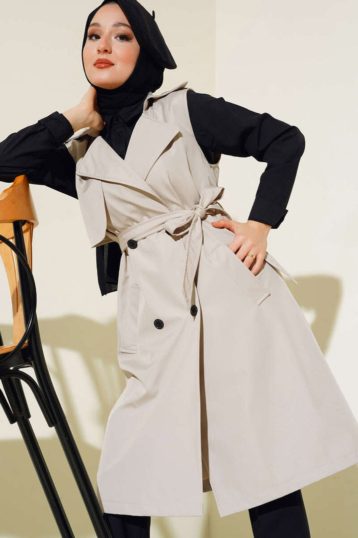 BGD Women Double-Breasted Trench Coat Vest - Beige - Târgovişte