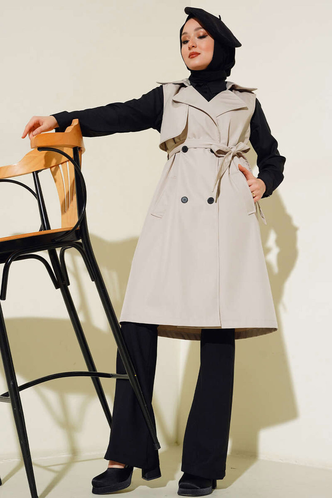 BGD Women Double-Breasted Trench Coat Vest - Beige - Târgovişte